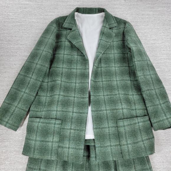 Vintage Handmade Wool Skirt Suit Green Plaid 2 Piece Set Elastic Waist Pockets - Picture 2 of 15